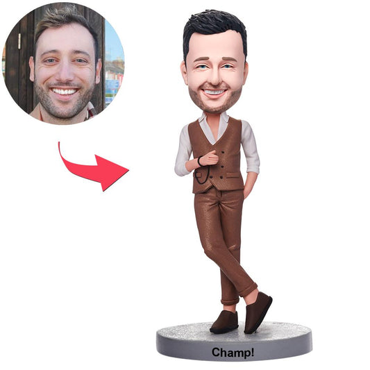Personalised brown suit man bobblehead handcrafted from polymer clay with customised head and engraved text – personalised desk ornament and bespoke groomsmen gift (UK & Australia)