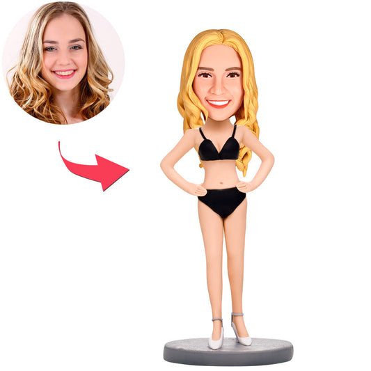 Personalised lingerie bobblehead figurine standing on an engraved base — polymer clay custom sexy girl keepsake with a personalised head (made from your photo) and detailed finish