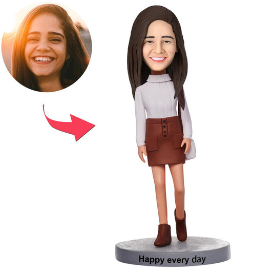 Personalised fashion woman bobblehead with engraved base, polymer clay figure featuring a customised head and handbag pose — perfect personalised bridesmaid, hen party or birthday gift
