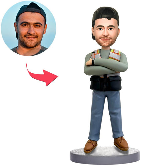 Personalised male worker bobblehead — engraved text bobblehead in hand-painted polymer clay, customised head to your photo with classic worker pose; ideal custom work figurine gift