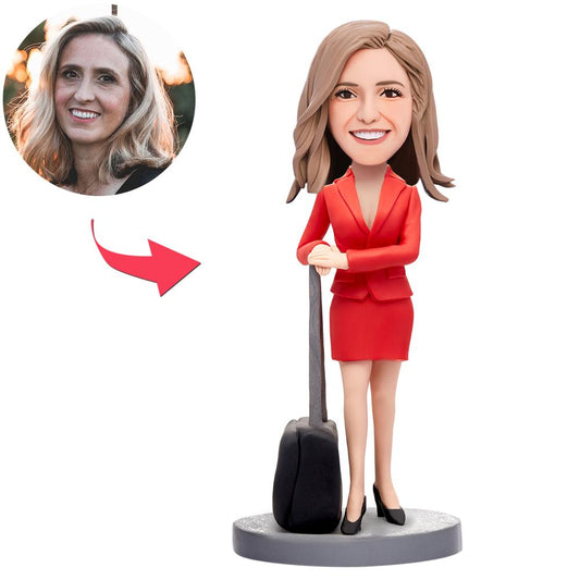 Personalised Flight Attendant Bobblehead – hand‑sculpted polymer clay figurine with custom sculpted head from your photo and engraved text on the base