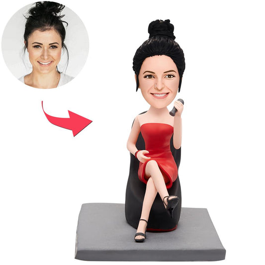 Personalised high heels bobblehead handmade in polymer clay with a customised head, fixed body pose and engraved name on the base — custom bobble head gift for her.