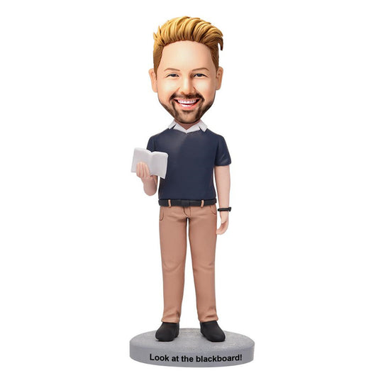 Personalised polymer clay male teacher bobblehead with engraved text on base — handcrafted custom head matching hairstyle and facial features, ideal teacher gift