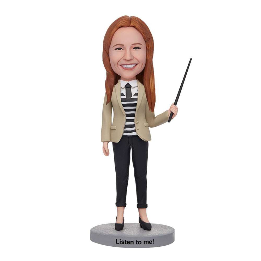 Personalised female teacher bobblehead — polymer clay figurine with customised head and engraved text on the base, ideal personalised teacher gift and end-of-year keepsake