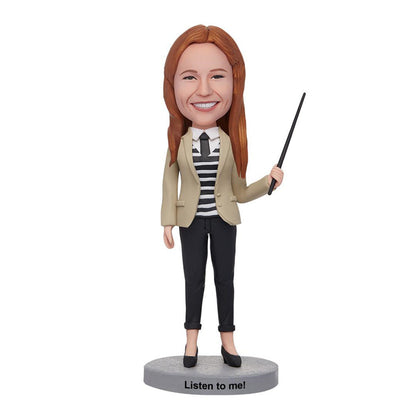 Personalised female teacher bobblehead — polymer clay figurine with customised head and engraved text on the base, ideal personalised teacher gift and end-of-year keepsake