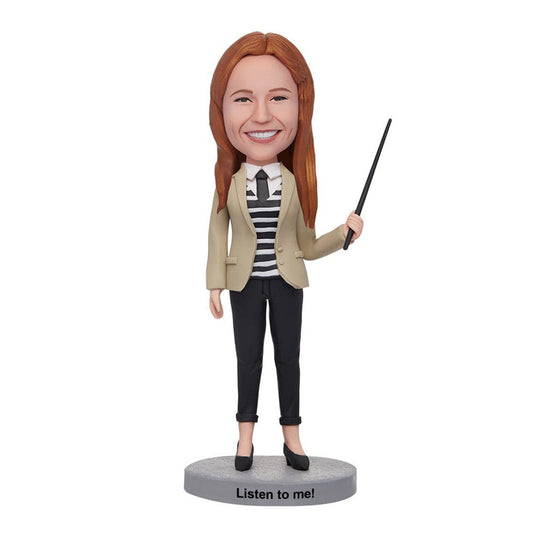 Personalised female teacher bobblehead — polymer clay figurine with customised head and engraved text on the base, ideal personalised teacher gift and end-of-year keepsake