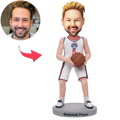 Personalised white suit basketball bobblehead with customised head and engraved base – hand-finished polymer clay keepsake, ideal personalised sports gift