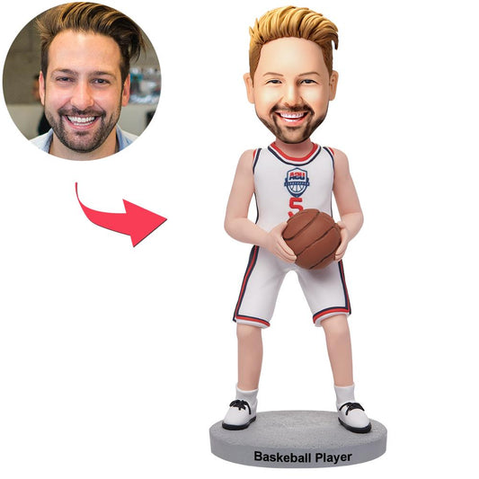 Personalised white suit basketball bobblehead with customised head and engraved base – hand-finished polymer clay keepsake, ideal personalised sports gift