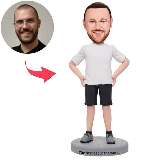 Personalised men's casual bobblehead in polymer clay with customised head, casual clothing and engraved base – custom men's bobblehead, personalised men's bobblehead, engraved bobblehead, personalised gift for Australia & UK