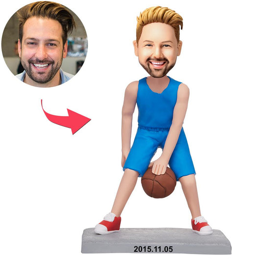 Personalised blue suit basketball bobblehead in polymer clay with customised head and engraved text on the base, ideal personalised sports keepsake