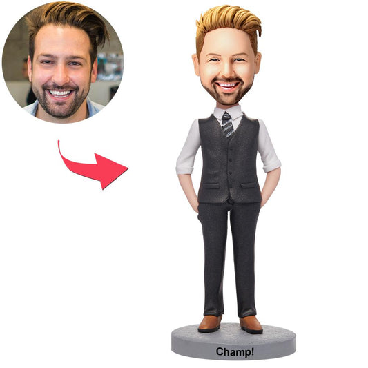 Personalised formal man bobblehead in suit with engraved name on base, polymer clay custom head made from your photo