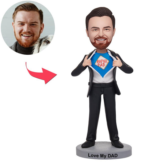 Personalised Superdad superhero bobblehead front view — polymer clay custom Dad gift with personalised head and engraved text on the base