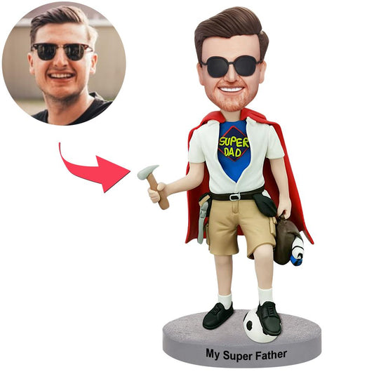 Almighty Hammer Dad personalised bobblehead in polymer clay — custom head likeness from your photos with engraved base text, ideal Father's Day or birthday gift