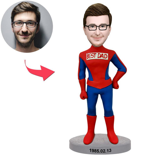 Spider-Man Super Dad personalised bobblehead with engraved text — polymer clay custom bobblehead showing full standing figure in Spider-Man costume; personalised head from your photo, ideal Father’s Day or birthday gift