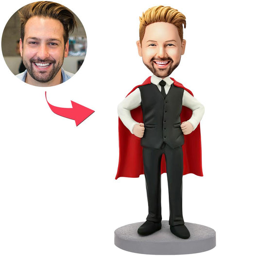 Super Business Man personalised bobblehead with engraved text — polymer clay corporate desk ornament with custom head made from your photo, ideal personalised office gift