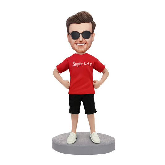 Personalised 'Super Dad' casual polymer clay bobblehead with customised head and engraved base — ideal personalised dad bobblehead and engraved bobblehead gift, ships to UK & Australia