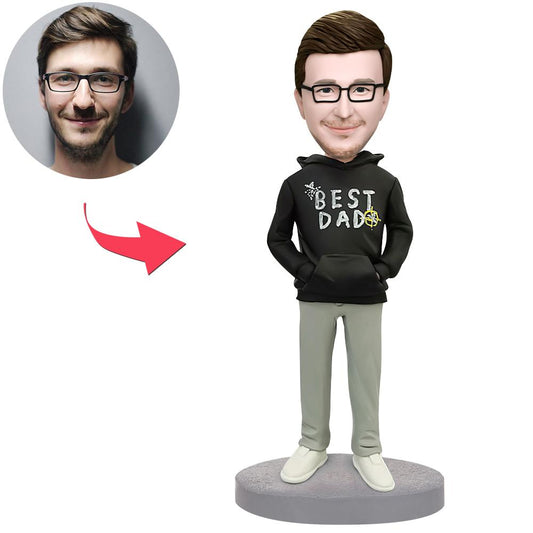 Best Dad in a Hoodie personalised polymer clay bobblehead with engraved base, custom head likeness — unique Father’s Day gift