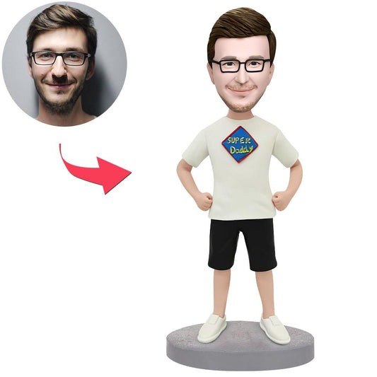 Super Daddy personalised bobblehead in T-shirt with engraved text, handcrafted polymer clay figure with a customised head from your photo — perfect gift for Dad