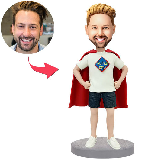Casual Super Dad in cloak custom bobblehead, personalised polymer clay figurine with engraved text and customised head likeness, ideal Father’s Day gift in the UK and Australia