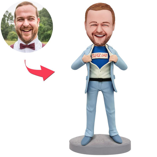 Front view of Business Super Dad personalised bobblehead with engraved text — polymer clay dad bobblehead in business suit, personalised head and engraved name; ideal personalised corporate gift and desk ornament