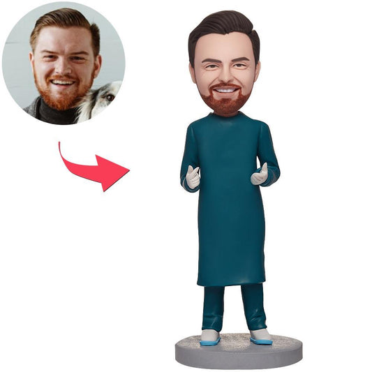 Personalised male doctor bobblehead in surgeon scrubs with engraved base – custom polymer clay surgeon gift with personalised head and engraved text