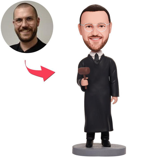 Personalised judge bobblehead with engraved text – front view of handcrafted polymer clay figurine with custom head likeness and engraved base, ideal personalised judge gift