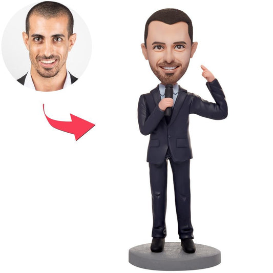 Personalised male wedding host bobblehead in polymer clay with engraved name on base — custom groom gift and groomsman keepsake
