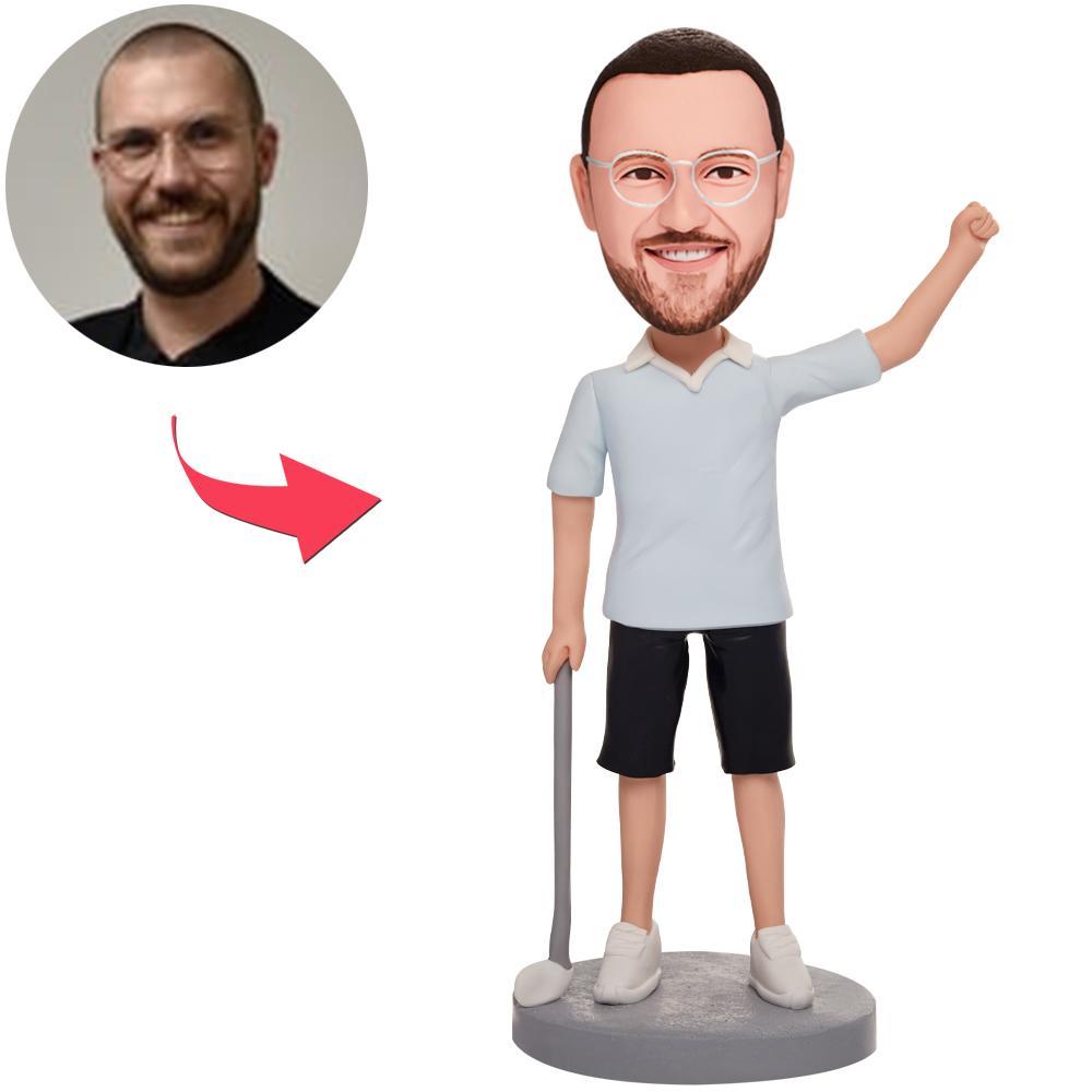 Personalised 'Come On' golfer bobblehead with engraved base – polymer clay custom golf bobblehead featuring a personalised head from your photos, ideal engraved golf gift