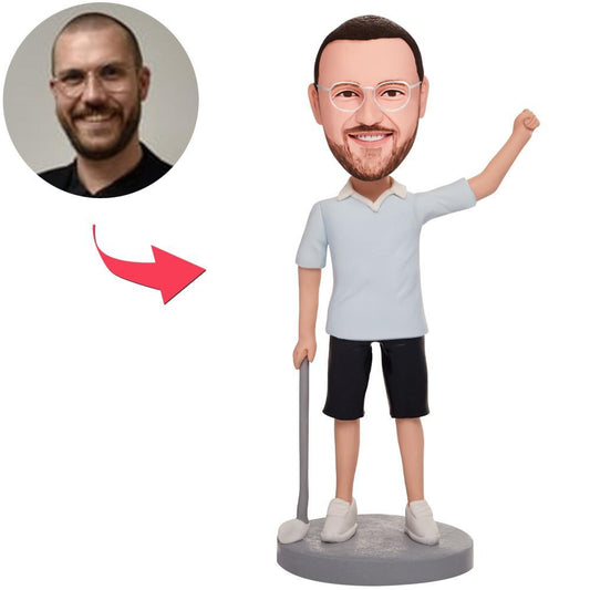 Personalised 'Come On' golfer bobblehead with engraved base – polymer clay custom golf bobblehead featuring a personalised head from your photos, ideal engraved golf gift
