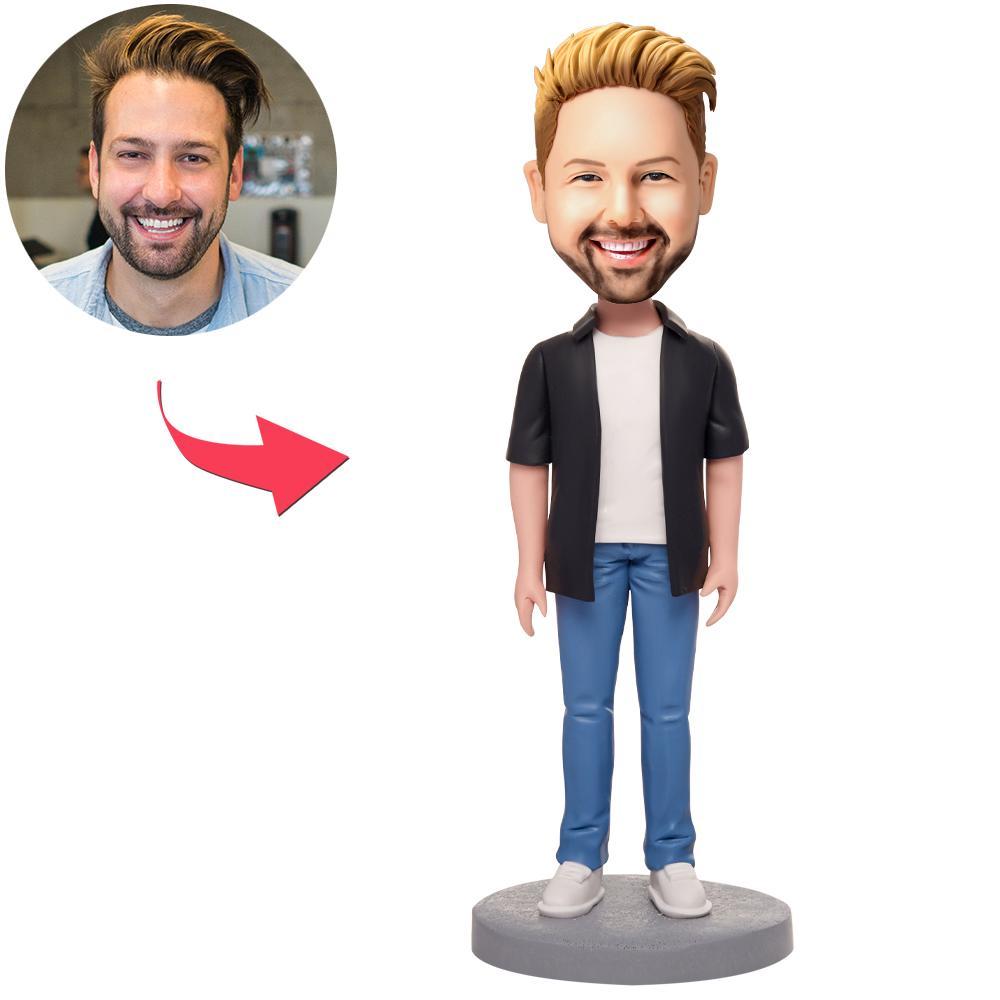 Personalised casual man bobblehead in polymer clay with engraved base text — custom head, fixed casual outfit, ideal personalised gift
