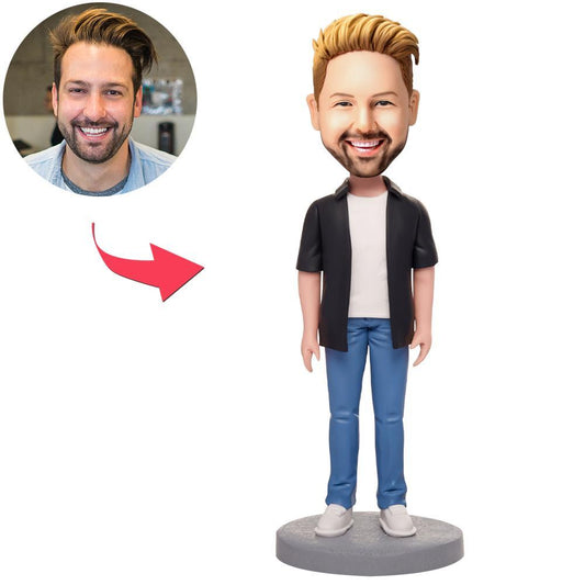 Personalised casual man bobblehead in polymer clay with engraved base text — custom head, fixed casual outfit, ideal personalised gift