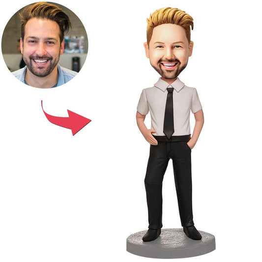Personalised business male bobblehead in shirt and tie, polymer clay bespoke desk ornament with custom sculpted head from your photos and engraved base