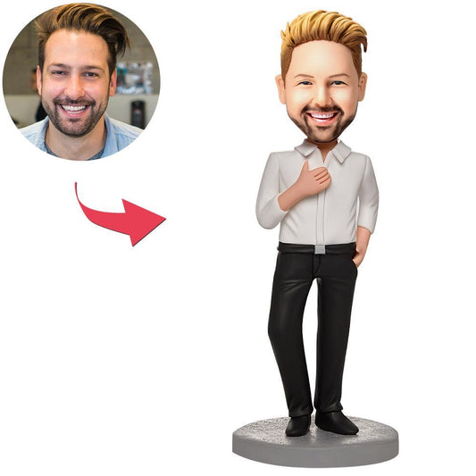 Personalised business male bobblehead in white shirt with engraved text on the base, hand-sculpted polymer clay desk ornament ideal as a corporate gift – custom head (hairstyle and facial expression).