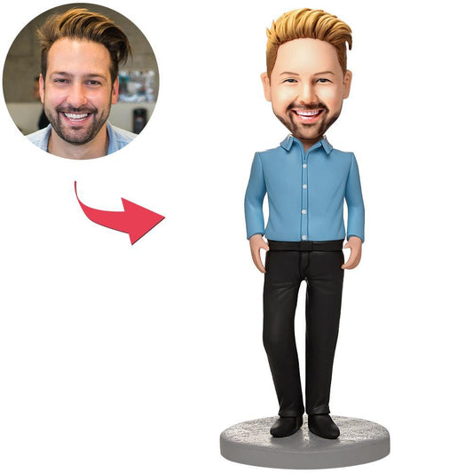Custom business male bobblehead in blue shirt — hand-crafted polymer clay desk ornament with personalised head and engraved text on base