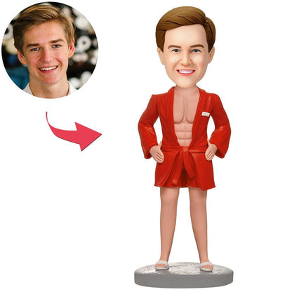Personalised casual man in red pyjama suit bobblehead with engraved text — polymer clay figure with custom head matched to your photo and chosen hairstyle, ideal personalised gift for him