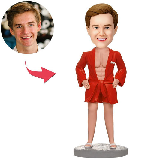 Personalised casual man in red pyjama suit bobblehead with engraved text — polymer clay figure with custom head matched to your photo and chosen hairstyle, ideal personalised gift for him