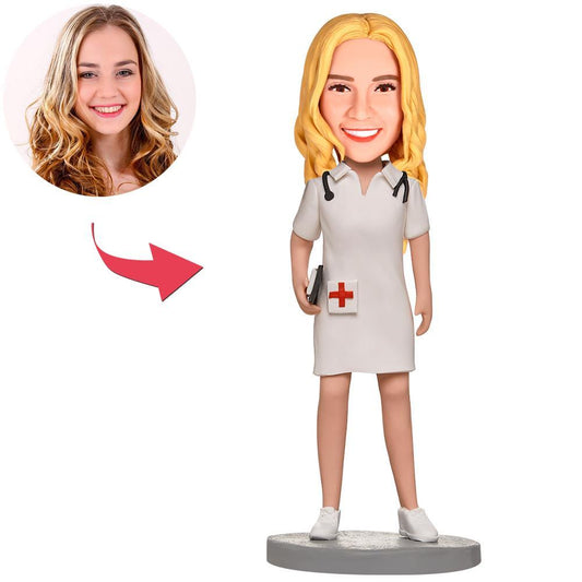 Polymer clay custom female nurse bobblehead with engraved base — personalised nurse gift, engraved nurse keepsake, hospital graduation keepsake