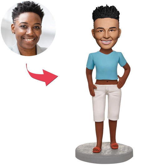 Custom blue shirt personalised bobblehead of a dark-complexion woman – handcrafted polymer clay, personalised head with engraved text on the base