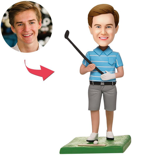 Custom male golfer bobblehead with engraved text on base — personalised golf gift, polymer clay custom head made from customer photos