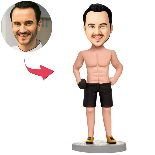Custom Fitness Man Bobblehead front view – personalised polymer clay figurine with customised head and engraved base, ideal gym gift or personal trainer trophy