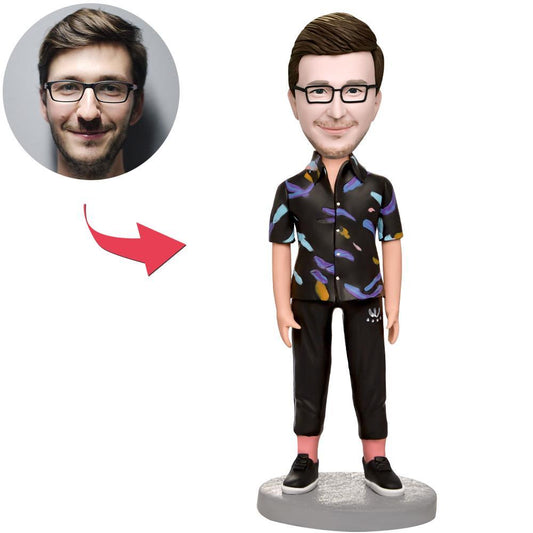 Need For Speed custom man bobblehead – front view of personalised polymer-clay figure with customised head matched to photo and engraved base