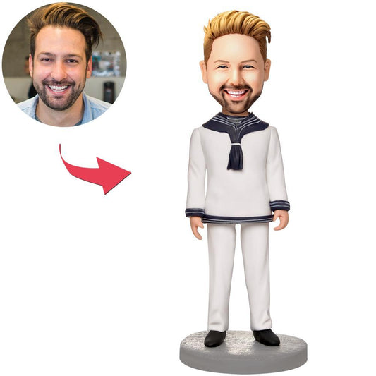 Sea-striped shirt man personalised bobblehead – hand-modelled polymer clay figurine with custom face and engraved text on base; ideal personalised gift for him (dad, husband, boyfriend).