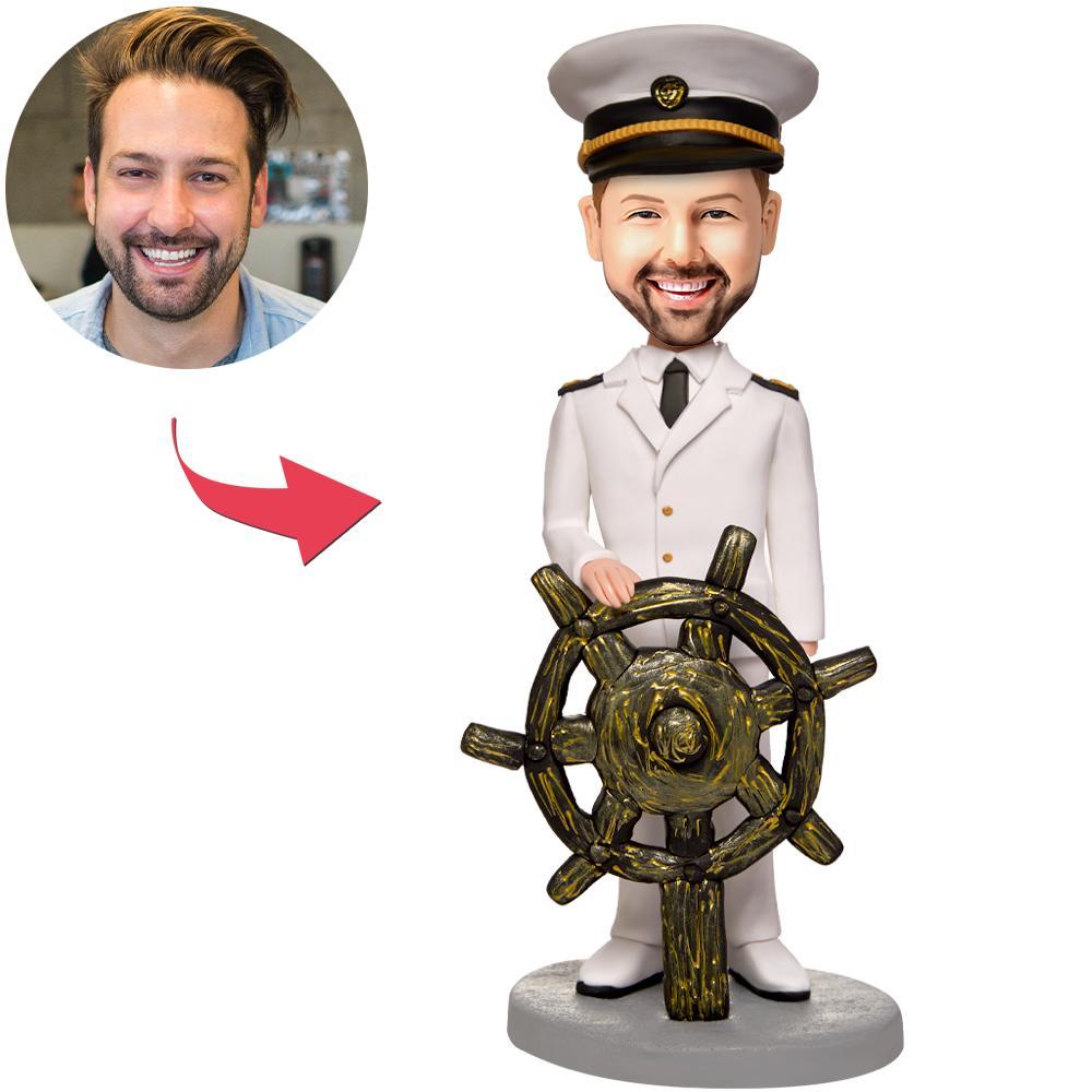 The Captain and His Rudder personalised polymer-clay bobblehead – nautical skipper figurine with customisable head and engraved name on base, perfect personalised gift for dad, funny retirement gift or gift for him (AU & UK)