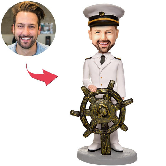 The Captain and His Rudder personalised polymer-clay bobblehead – nautical skipper figurine with customisable head and engraved name on base, perfect personalised gift for dad, funny retirement gift or gift for him (AU & UK)