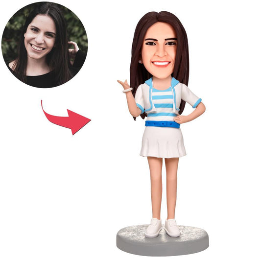 Personalised fashion girl in dress bobblehead with customised photo head and engraved base, polymer clay figurine keepsake — personalised gift for her
