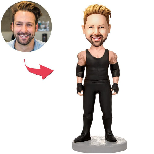 Muscular man with tattoos custom bobblehead — personalised polymer clay figure with customised head and engraved text on base