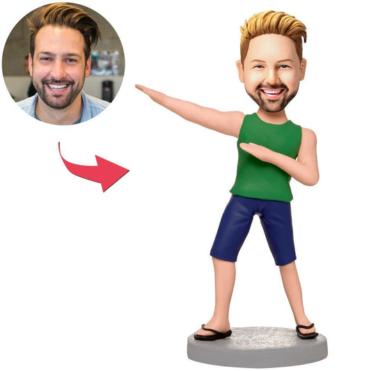 Front view of Casual Man personalised polymer clay bobblehead with custom head sculpt and engraved text on the base – personalised bobblehead gift for him