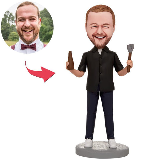 Personalised five-star Western chef bobblehead with customised head and engraved base — handmade polymer clay chef figurine, ideal personalised chef gift for UK and Australia