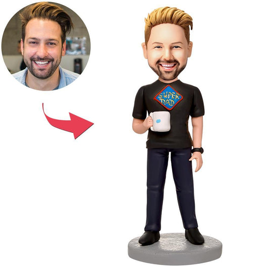 Personalised Super Dad bobblehead holding a water glass with engraved base - custom father bobblehead gift