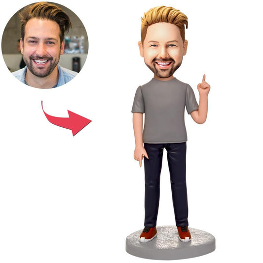 Personalised grey casual man bobblehead, handcrafted polymer clay figurine with customised head from your photo and engraved text on base — bobble or stationary option